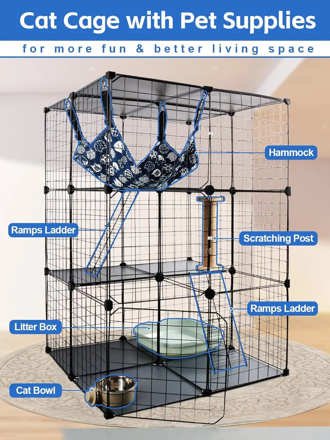 Cat Cage Indoor Cat Enclosures, 3 tier