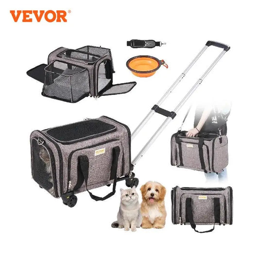 VEVOR Pet Cat Carrier Breathable Outgoing Dog Carry Backpack with Telescopic Handle Wheels and Shoulder Strap for Travel Trip - okpetssupplies.com