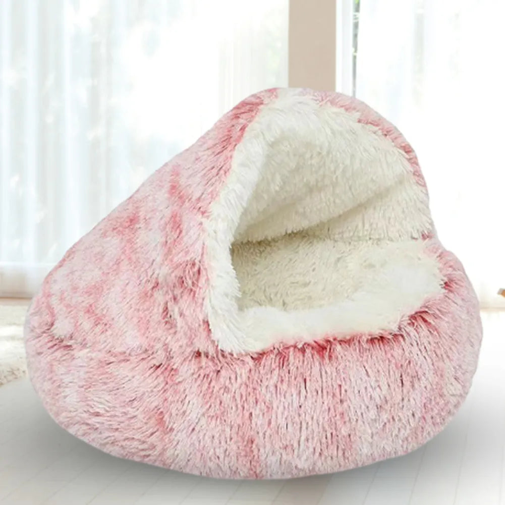 Plush Pet Bed Semi Enclosed Round All Seasons Warm - okpetssupplies.com