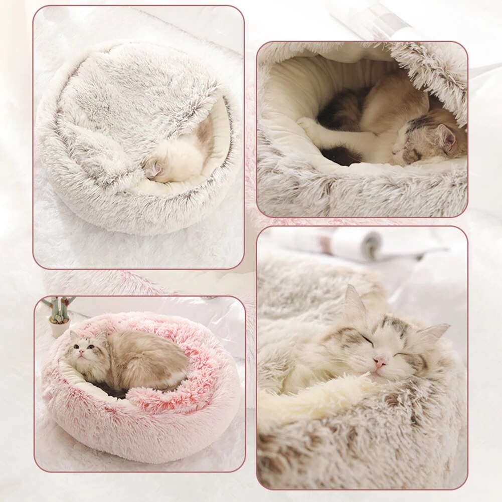 Plush Pet Bed Semi Enclosed Round All Seasons Warm - okpetssupplies.com