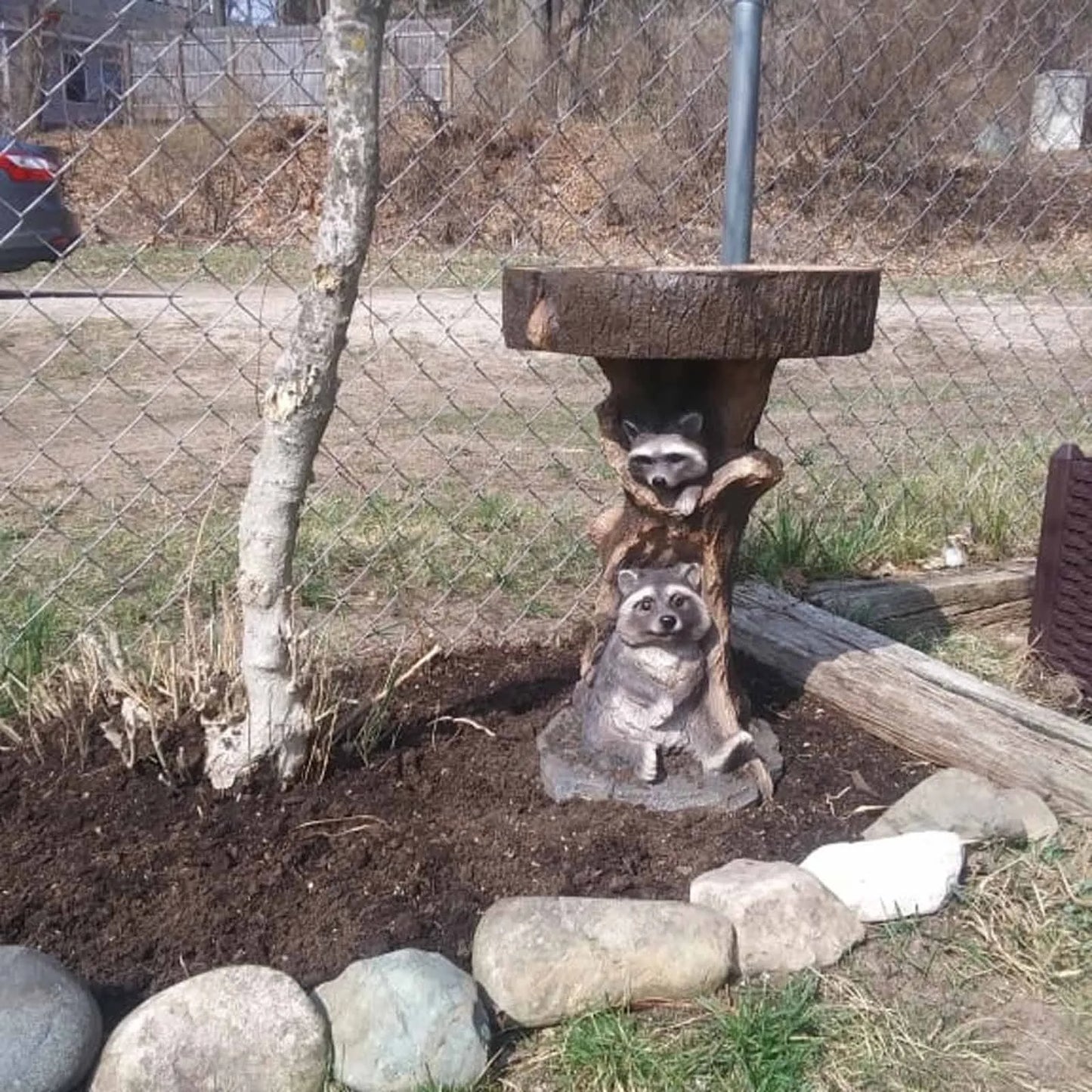 Resin Raccoon Birdbath